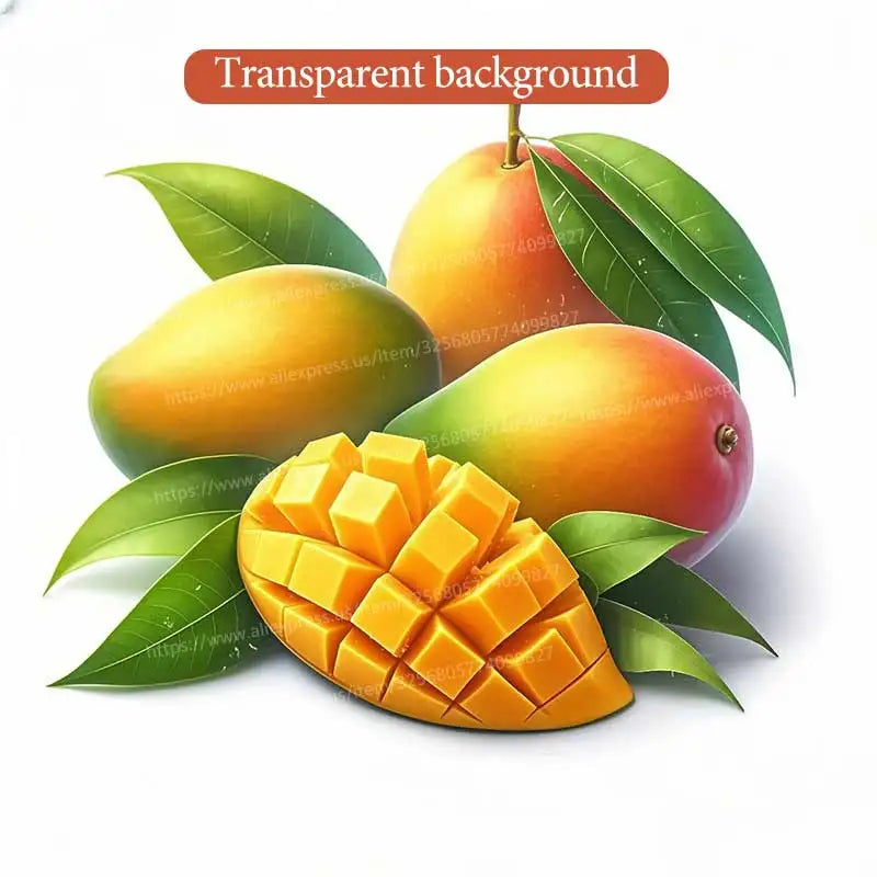 A cluster of yellow mangoes and a pineapple fruit displayed on green leaves for kitchen decor.