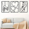 A set of three black line art prints depicting holding hands, a heart, and a profile of a face.
