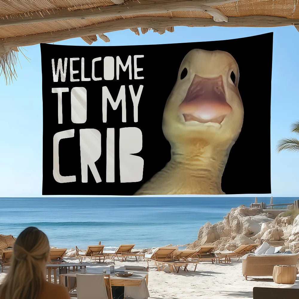 A black banner featuring a cartoon duck face saying Welcome to My Crib against a blue ocean backdrop.