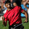 A painting of Tiger Woods in a red polo shirt and cap, playing golf.