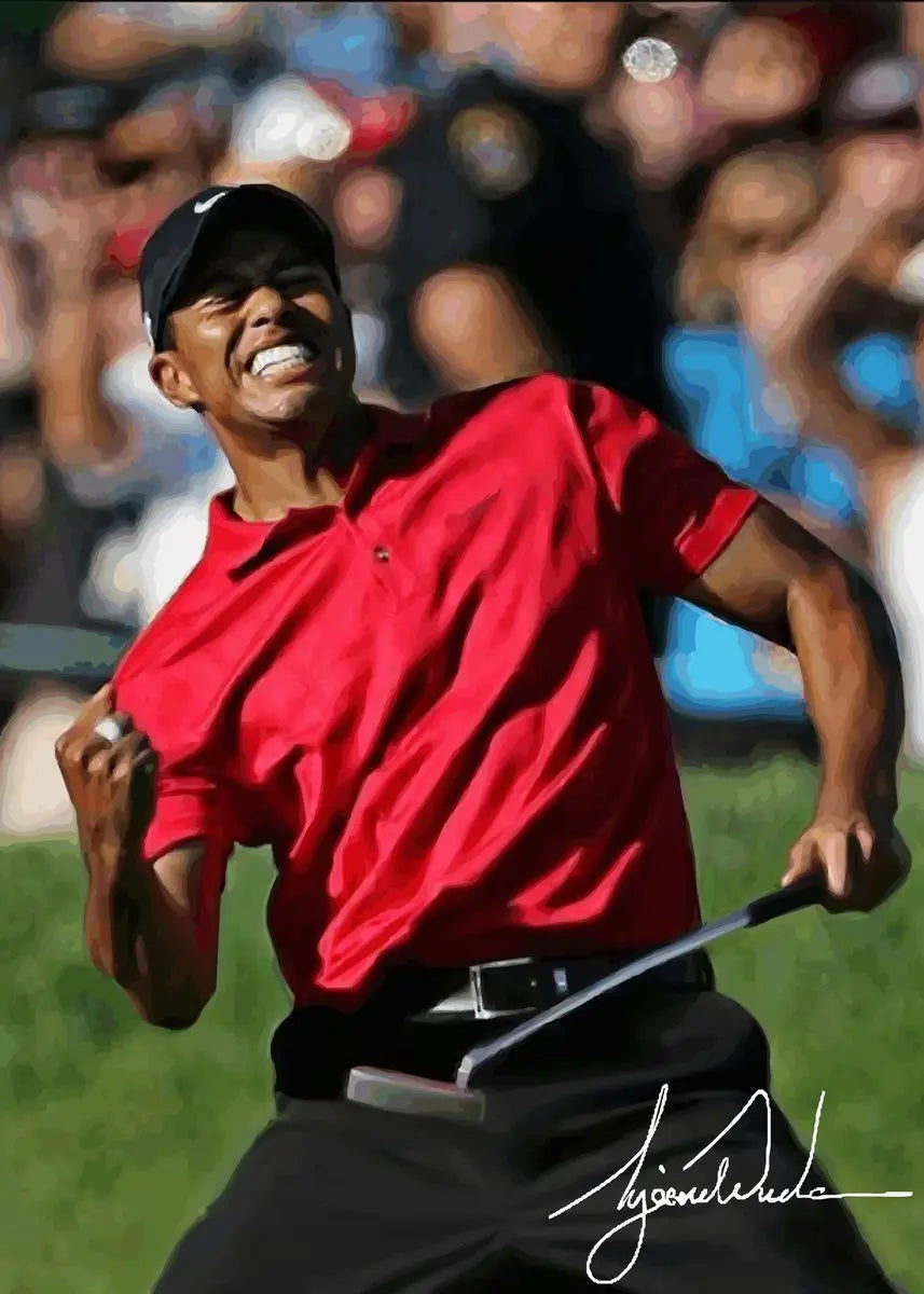 A painting of Tiger Woods in a red polo shirt and cap, playing golf.