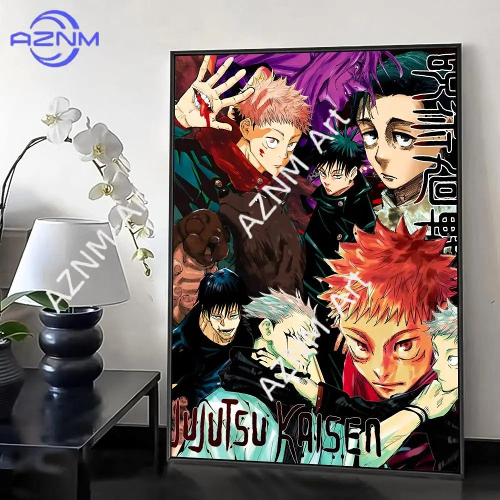 Wall art featuring a vibrant illustration of Jujutsu Kaisen characters in a dynamic style.