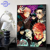 A canvas wall art print featuring stylized characters from Jujutsu Kaisen in a dark and vibrant color palette.