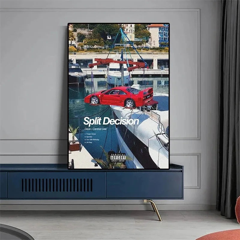 A canvas wall art featuring a painting of a red sports car being lifted by a crane near a waterfront.