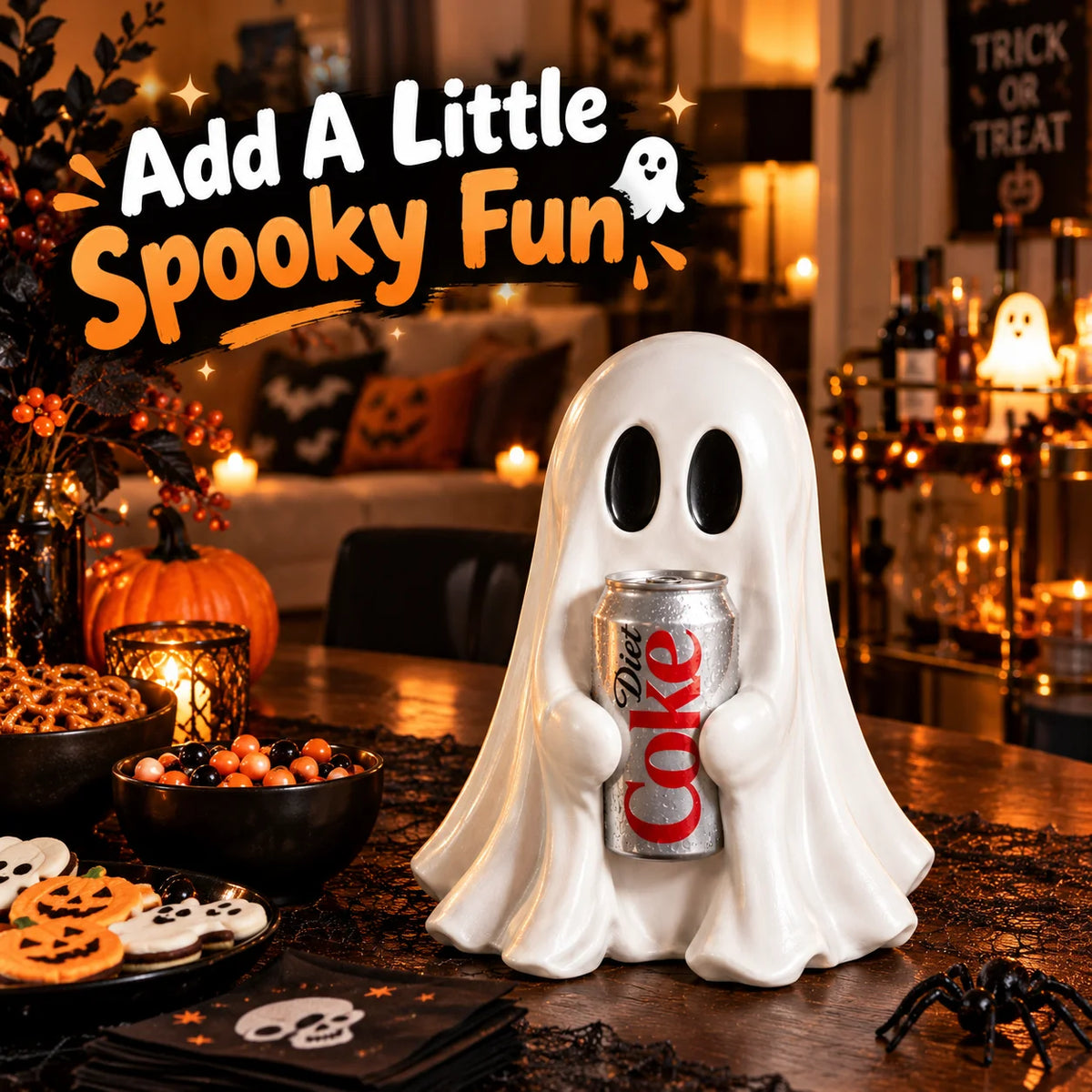 A white ghost figurine holding a soda can sits on a dark wooden table surrounded by Halloween decor.