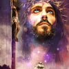 A dramatic painting of Jesus Christ with a crown of thorns and a cross behind him, featuring vibrant purple and blue tones.