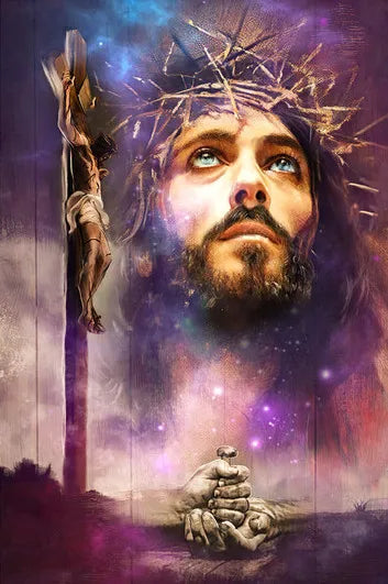 A dramatic painting of Jesus Christ with a crown of thorns and a cross behind him, featuring vibrant purple and blue tones.