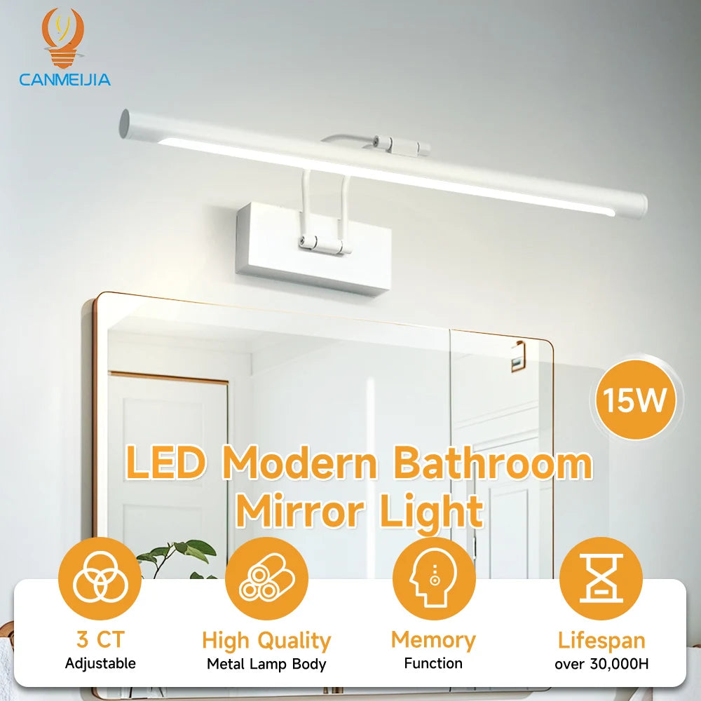 Modern LED bathroom mirror light featuring a long bar and swing arm for vanity lighting