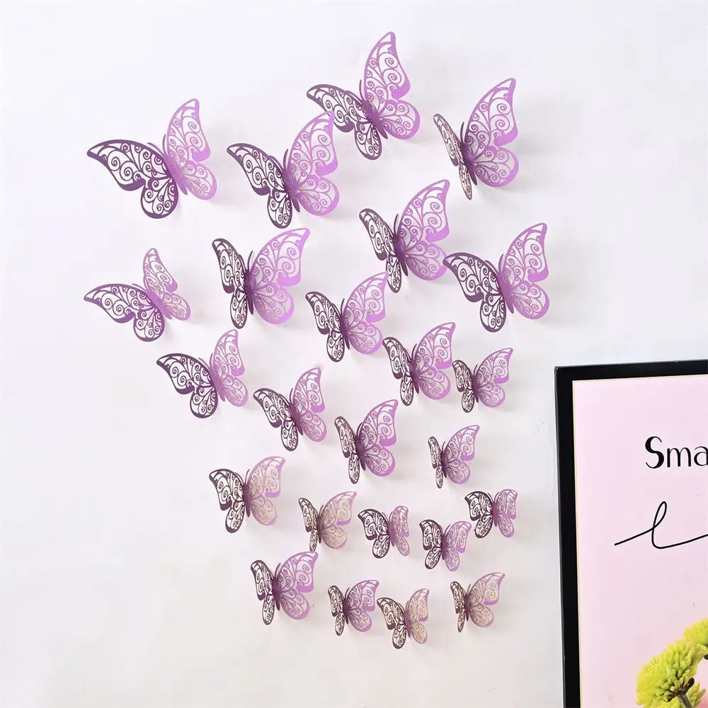 A set of purple and pink 3D hollow butterfly wall decals scattered on a white background.