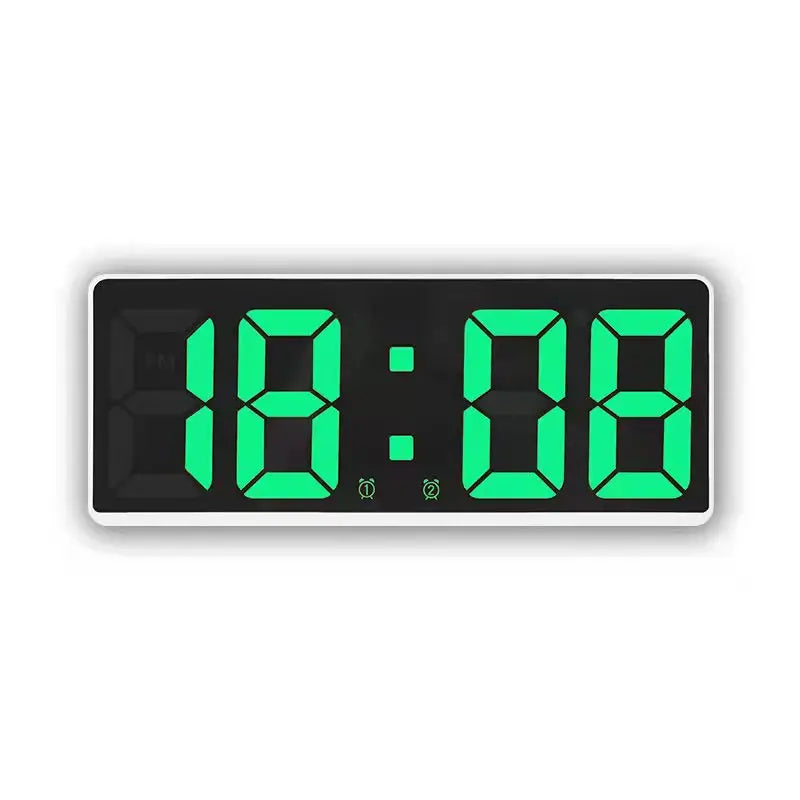 A digital alarm clock displaying the time 18:08 in bright green LED digits.