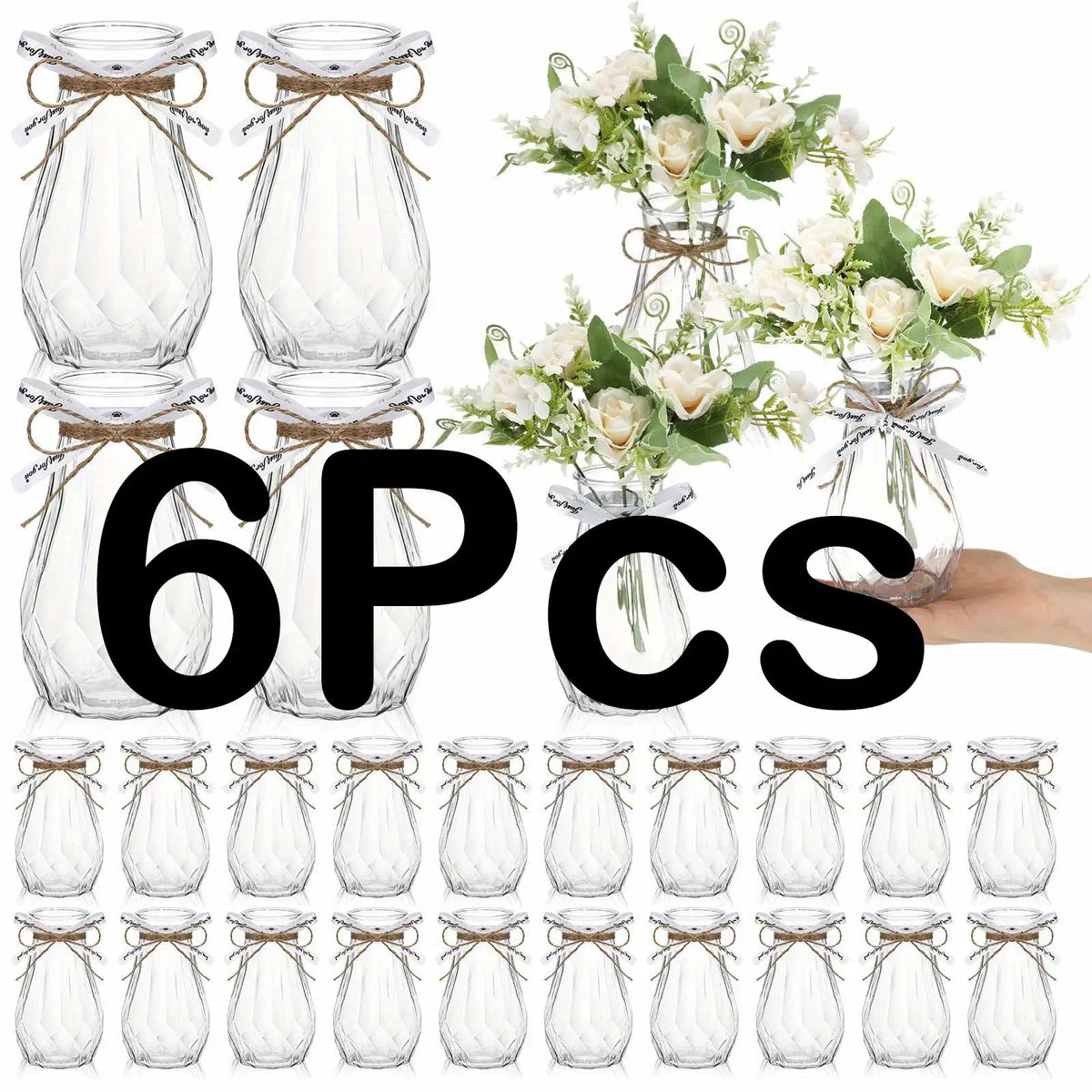 Six clear faceted diamond crystal plastic vases with natural twine tied around the neck.