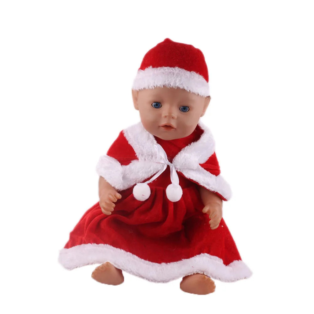 A baby doll wearing a red and white Santa hat and a matching red outfit.