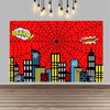 A vibrant red spiderweb background featuring cartoon superhero text and silhouettes of city buildings.