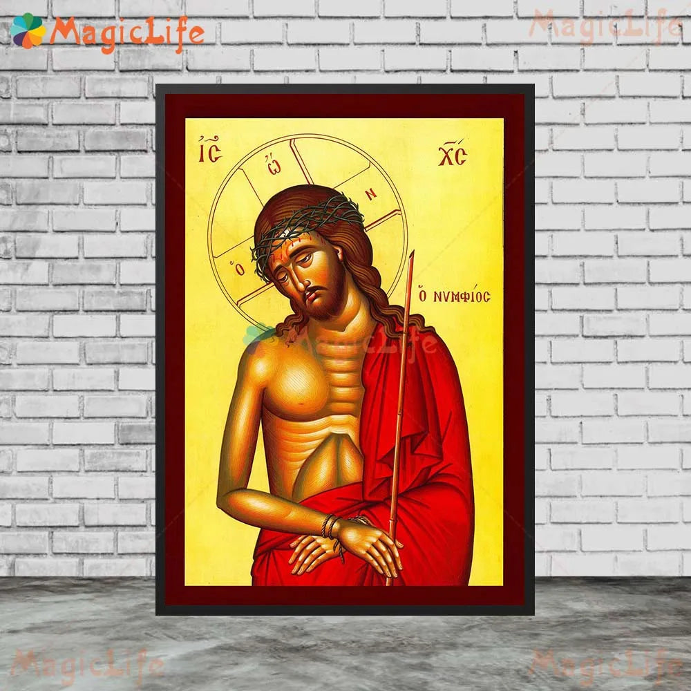 A painting depicting Jesus Christ with a halo, wearing a crown of thorns and holding a staff, set against a golden background