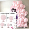 A pink balloon arch kit featuring various sizes of balloons and accessories for parties and showers.