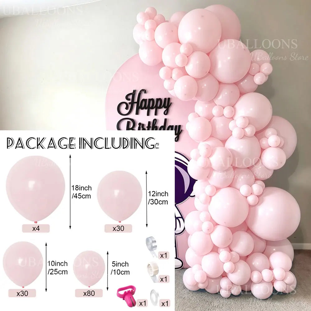 A pink balloon arch kit featuring various sizes of balloons and accessories for parties and showers.