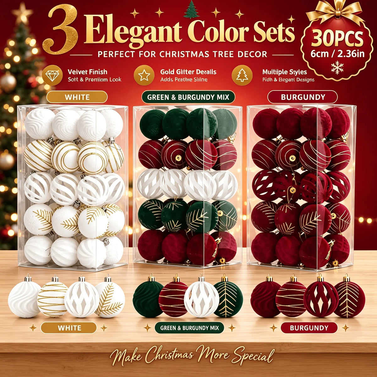 Three elegant color sets of 30 pieces velvet Christmas baubles for tree decor in white green burgundy and mix