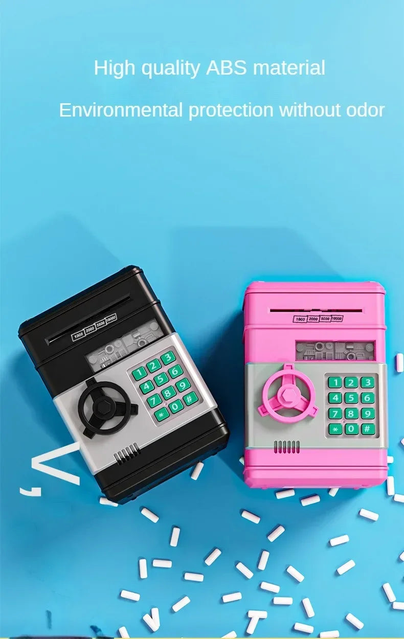 A black automatic mini cash saving piggy bank and a pink version are shown against a blue background with scattered white pla