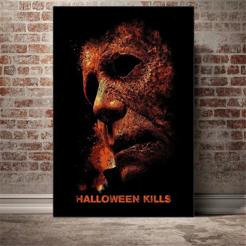 A dark canvas print featuring a menacing, fiery-toned close-up of Michael Myers' mask with the text Halloween Kills.