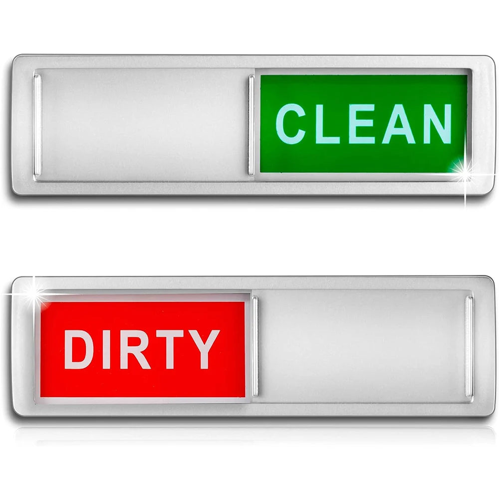 A pair of magnetic indicators showing CLEAN in green and DIRTY in red.