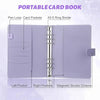 A purple portable card book with pen loops, card pockets, and a magnetic buckle closure.