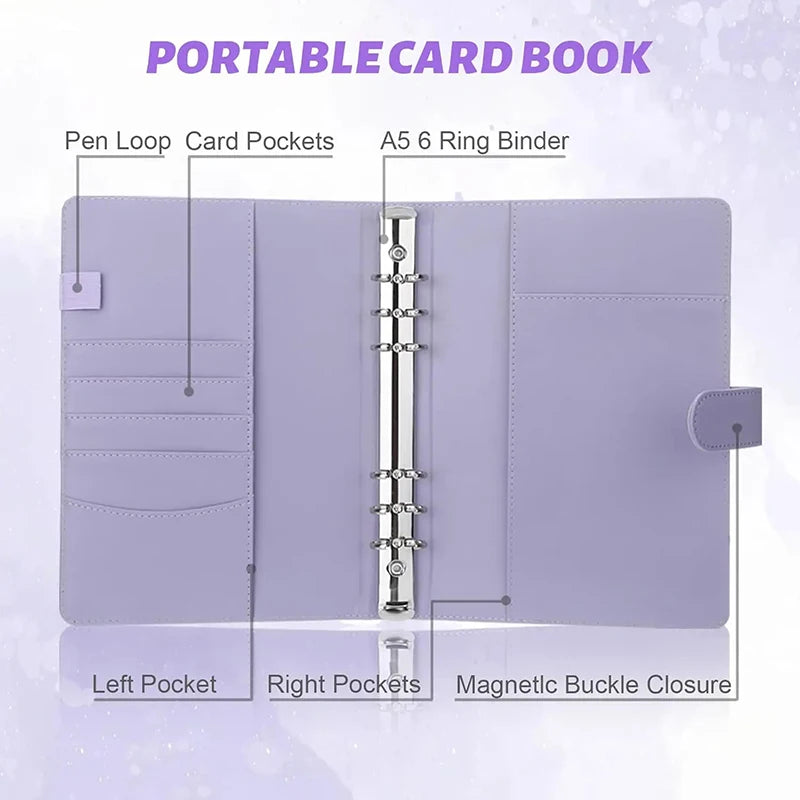 A purple portable card book with pen loops, card pockets, and a magnetic buckle closure.