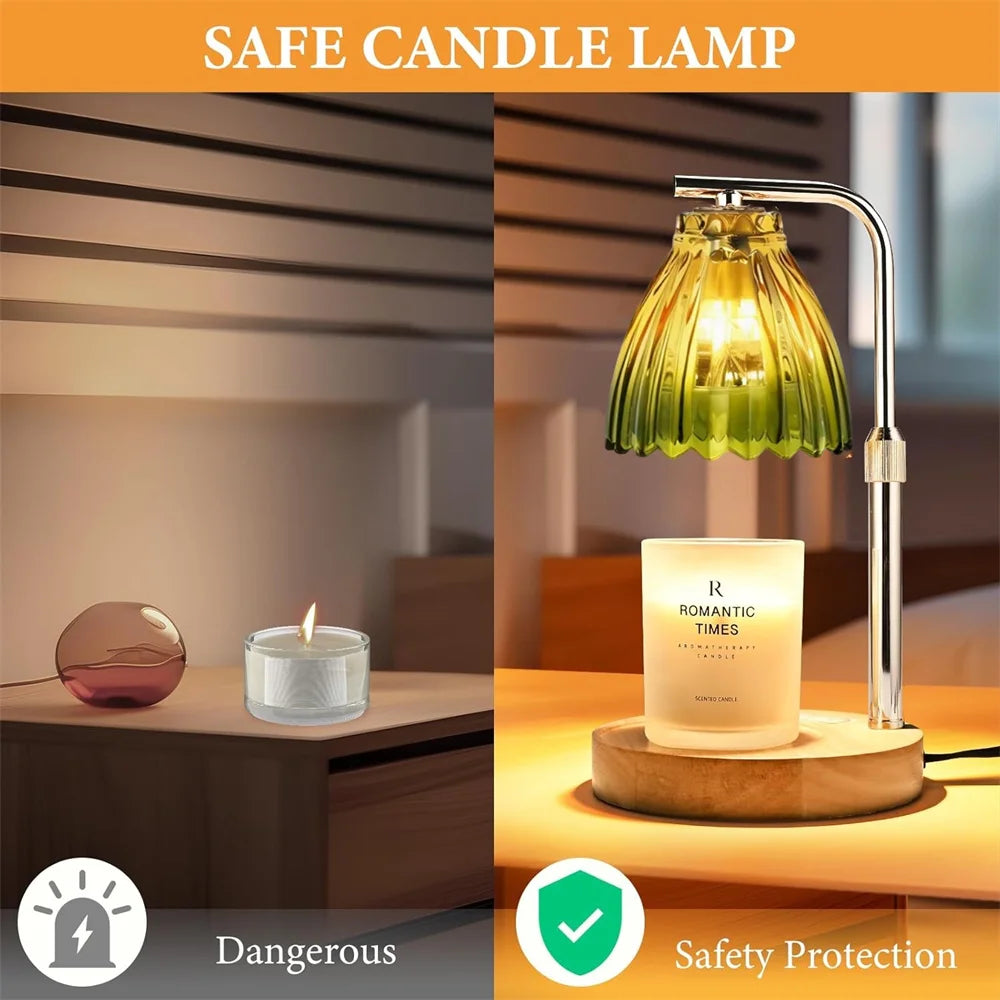 A safe candle lamp featuring a glass shade and a timer, shown next to a lit candle.