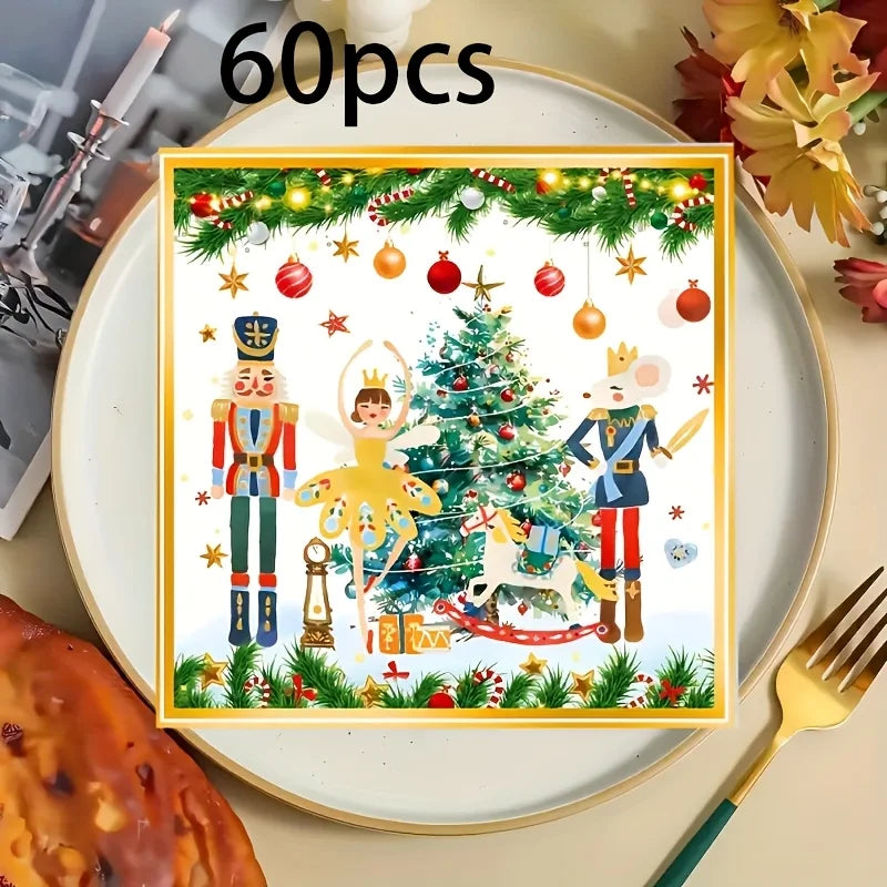 Christmas nutcracker watercolor paper napkins featuring a festive Christmas tree and ornaments