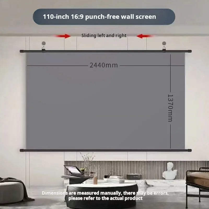 A large 110-inch 16:9 punch-free wall screen is shown mounted on a wall, with dimensions marked.