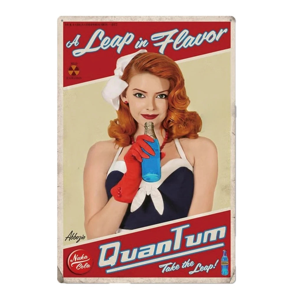 Vintage rusty cola metal wall sign featuring a woman in red hair holding a blue bottle and text that reads A Leap in Flavor Q