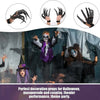 A set of black articulated skeleton hand gloves shown alongside a theatrical performance scene with a person wearing a mask a