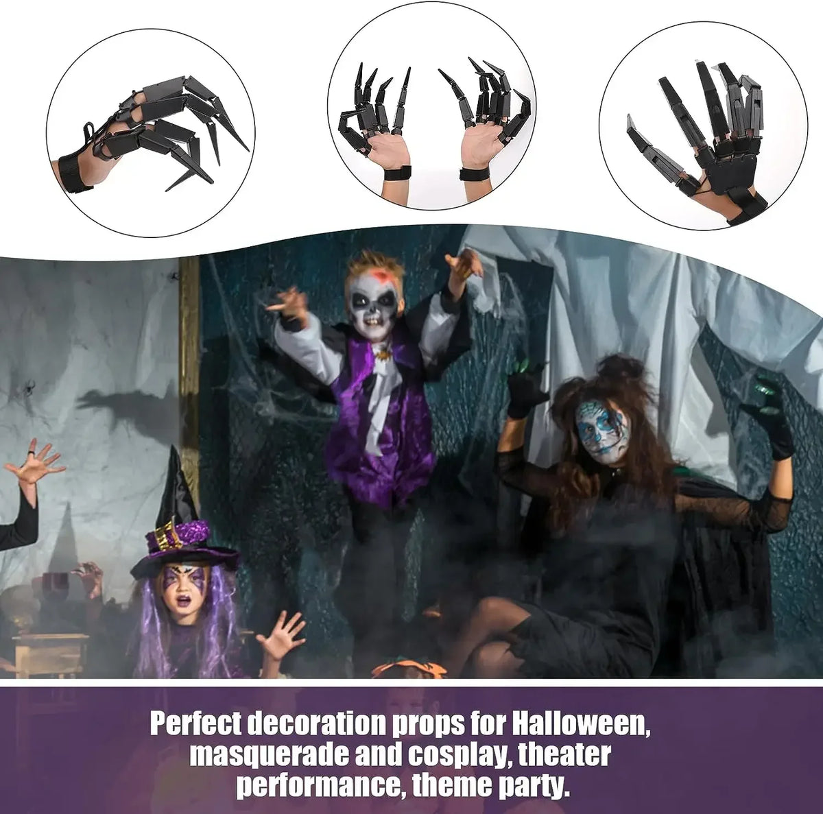 A set of black articulated skeleton hand gloves shown alongside a theatrical performance scene with a person wearing a mask a