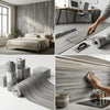 Rolls of realistic wood grain floor stickers and a hand applying them to a surface.
