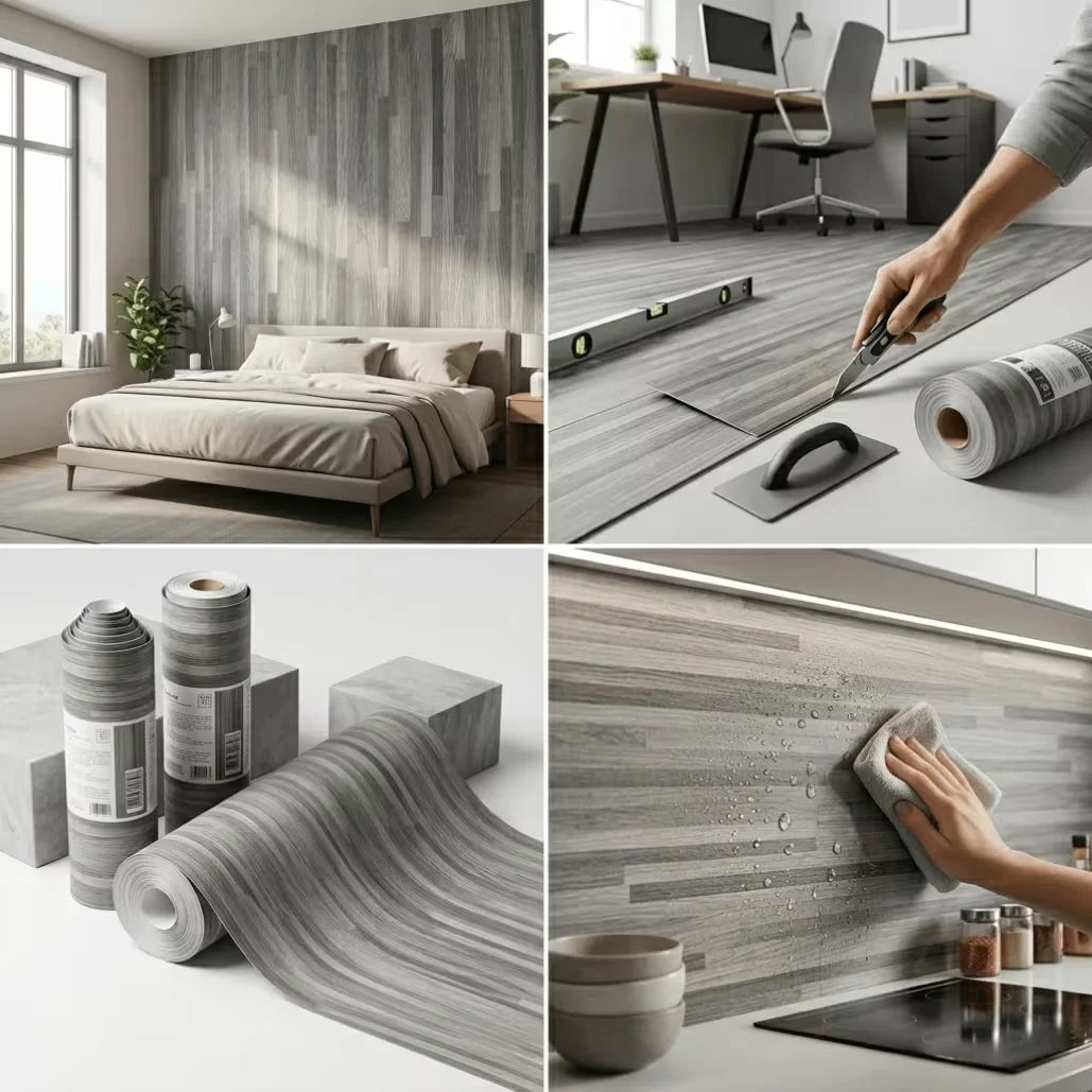 Rolls of realistic wood grain floor stickers and a hand applying them to a surface.