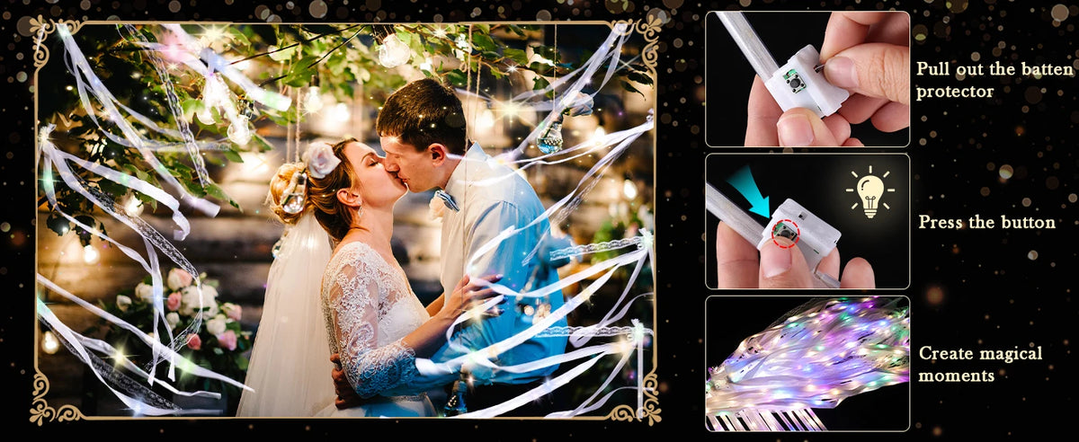 A couple is kissing under sparkling LED glow wands with ribbons and bells for a wedding or party.