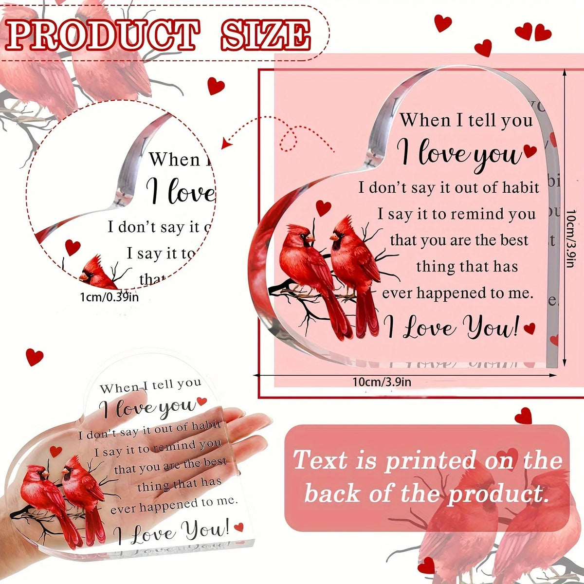 A pink heart-shaped acrylic keepsake with a red bird design, showing text like I love you.