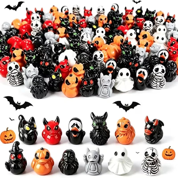 A collection of 12 mini Halloween figurine skulls and creatures in various colors like black, white, orange, and red.