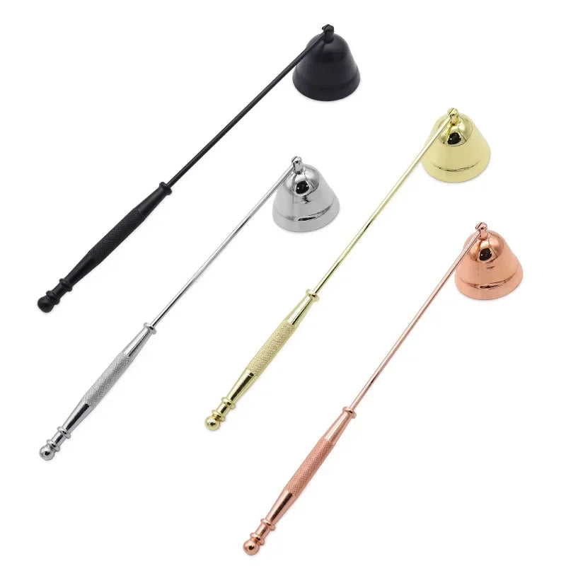 A set of three stainless steel candle extinguisher tools with black and gold accents.