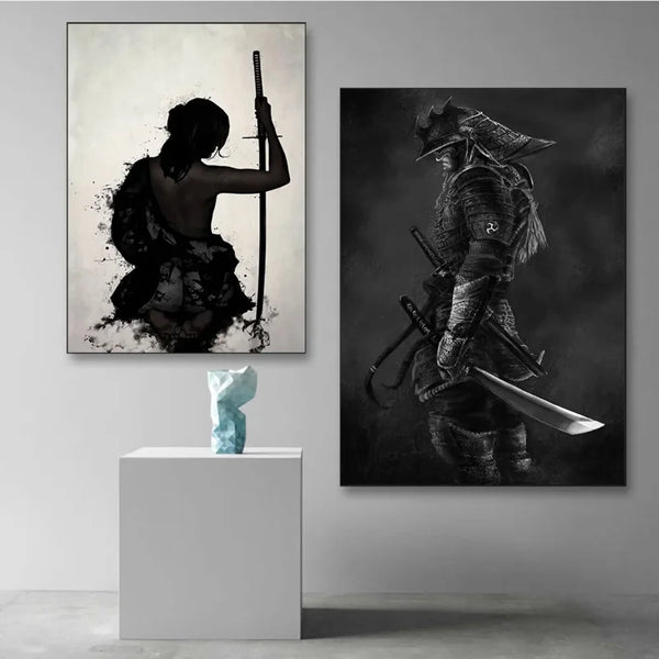 A canvas wall art featuring a dark, stylized samurai figure in traditional armor and holding a sword against a dark backgroun