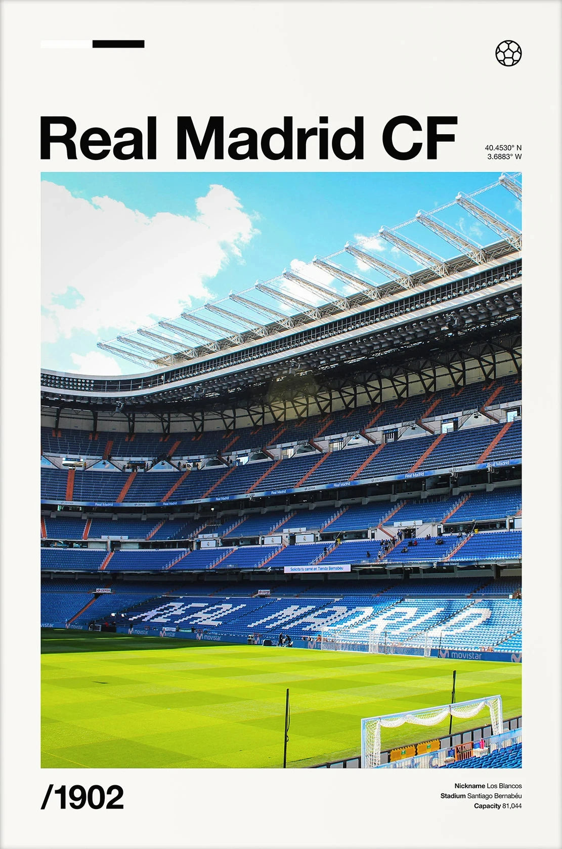 A panoramic view of the Real Madrid CF stadium during a match, showing the pitch and stands under a bright sky.