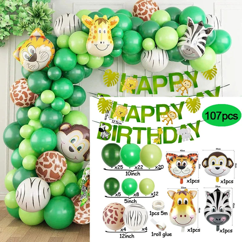 A green and white balloon garland arch kit featuring safari animals like a lion, tiger, and zebra, with palm leaves.