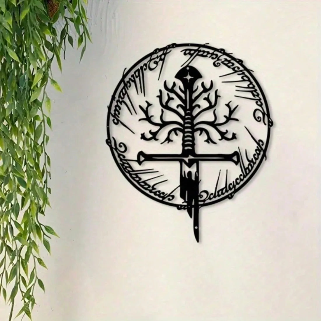 Vintage metal wall art depicting a sword and runes within a circular design.