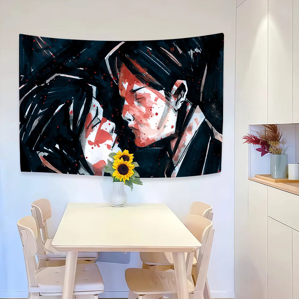A dark, dramatic painting featuring a stylized face and flag elements.