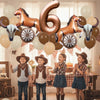 A set of foil balloons forming the number six shaped like a horse, surrounded by other brown and beige balloons.