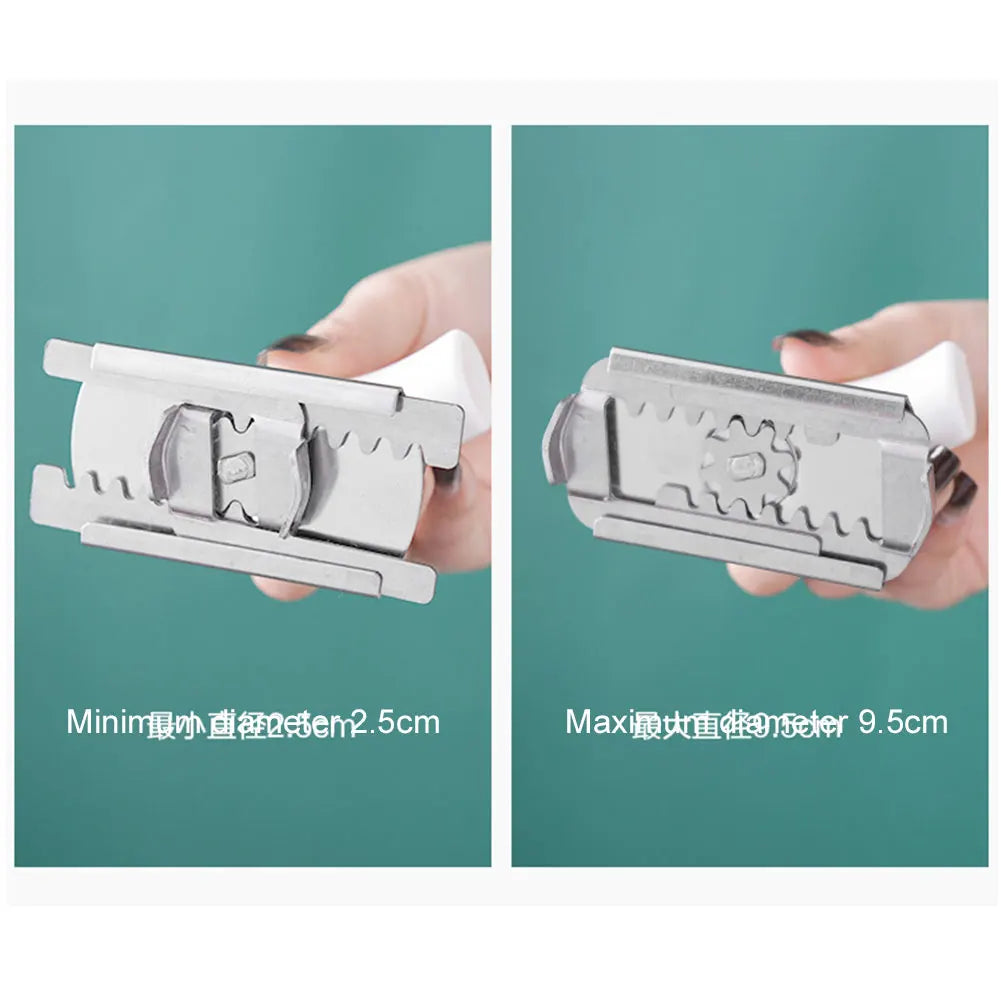 Stainless steel jar opener shown with minimum and maximum sizes for easy grip