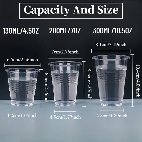 A set of three clear plastic drinking cups with varying capacities labeled 130ml, 200ml, and 300ml.