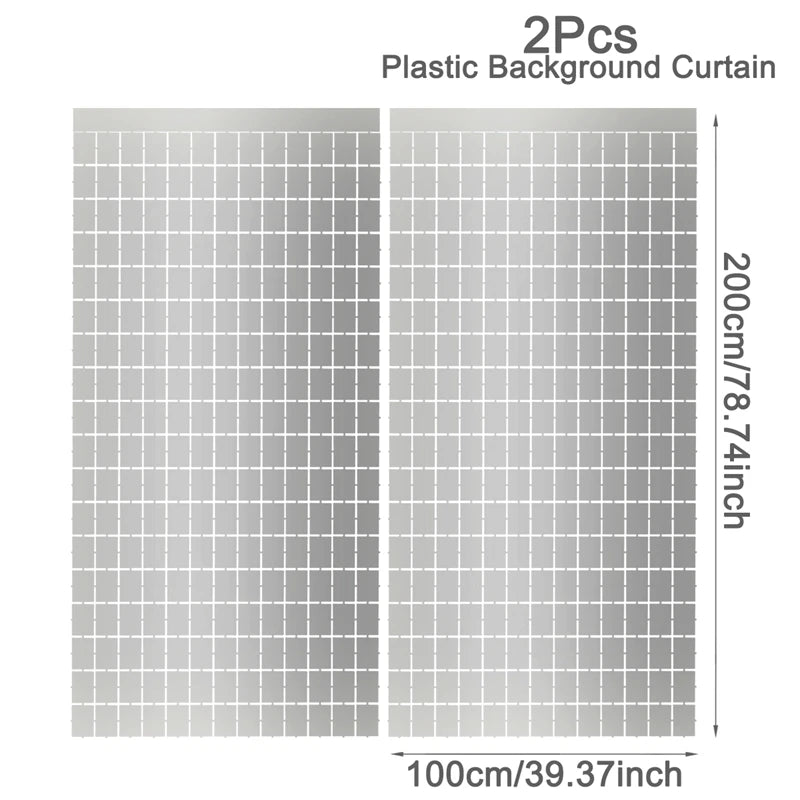 A rectangular plastic background curtain with a grid pattern, measuring 200cm by 100cm.