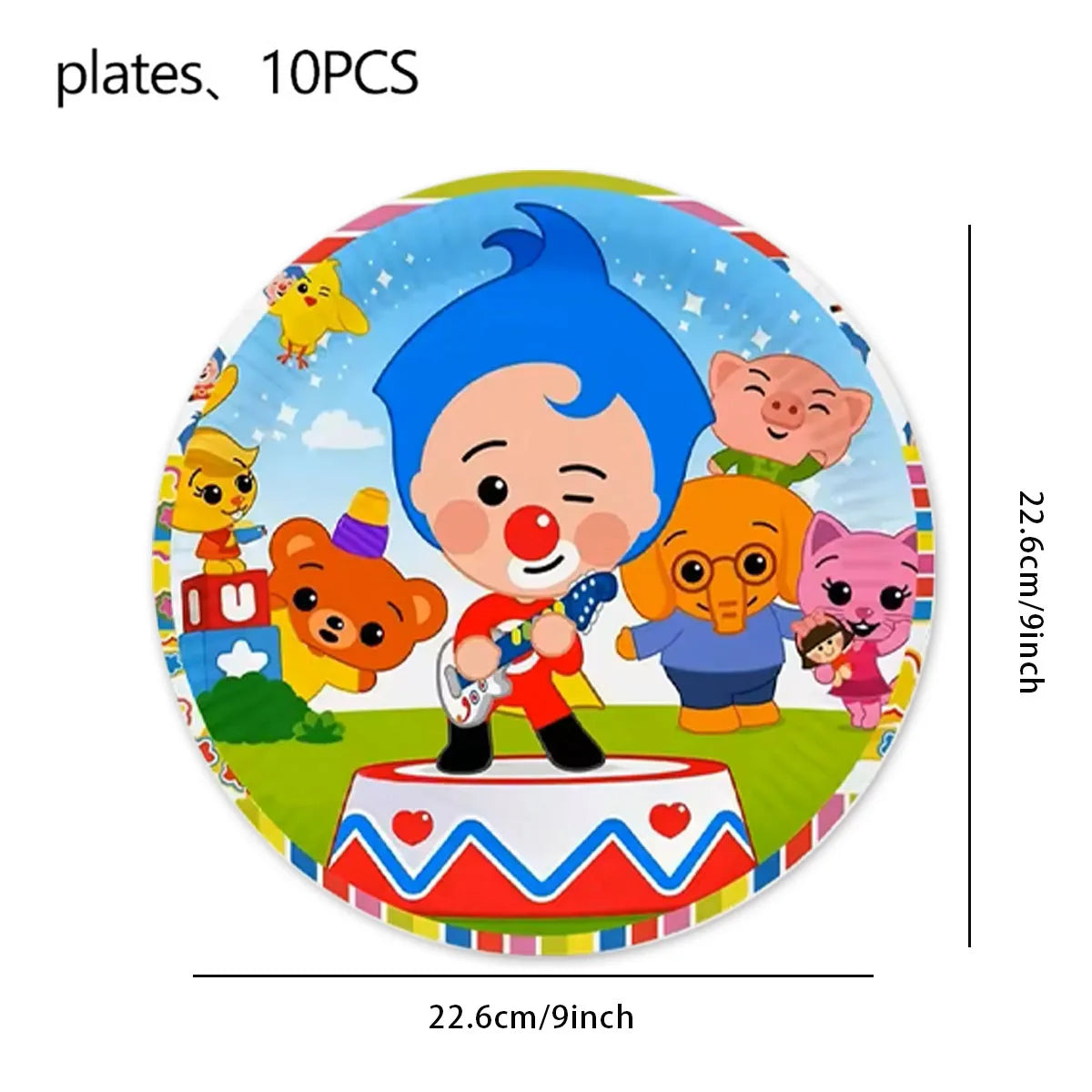 A circular plate featuring cartoon circus characters including a blue-haired clown and other animal figures for birthday part