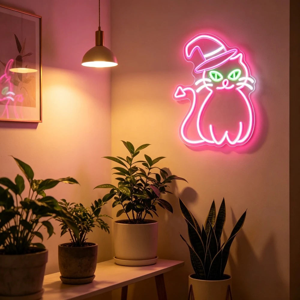 A neon light sign shaped like a black cat is mounted on a wall above potted plants.