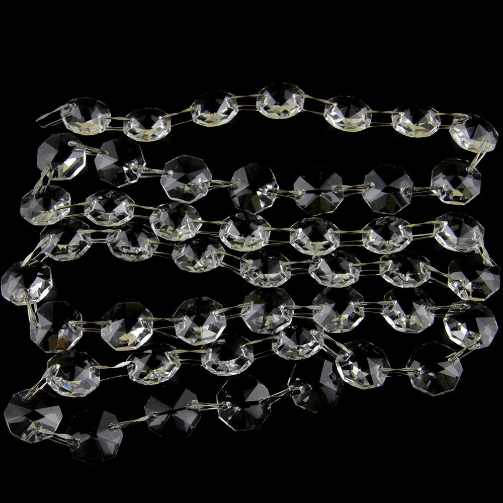 Strands of clear crystal glass octagon beads arranged in a decorative curtain pattern